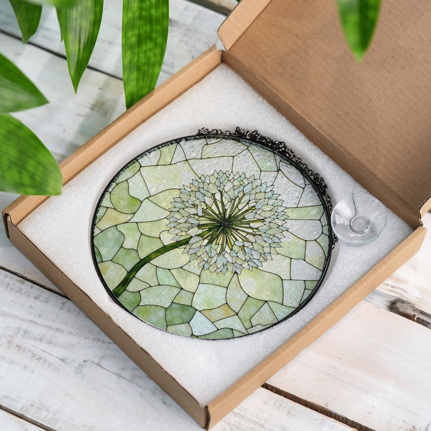 Dandelion bloom stained glass suncatcher round window charm gift for nature lover