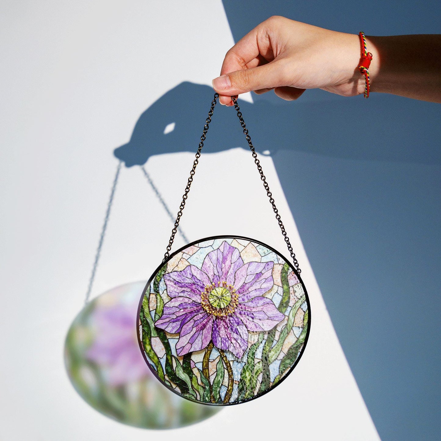Purple floral glass panel round suncatcher for window light gift for garden lover mom friend