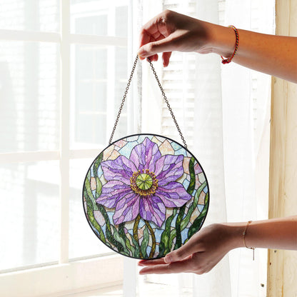 Purple floral glass panel round suncatcher for window light gift for garden lover mom friend