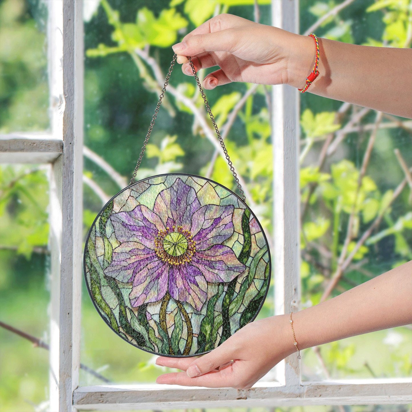 Purple floral glass panel round suncatcher for window light gift for garden lover mom friend