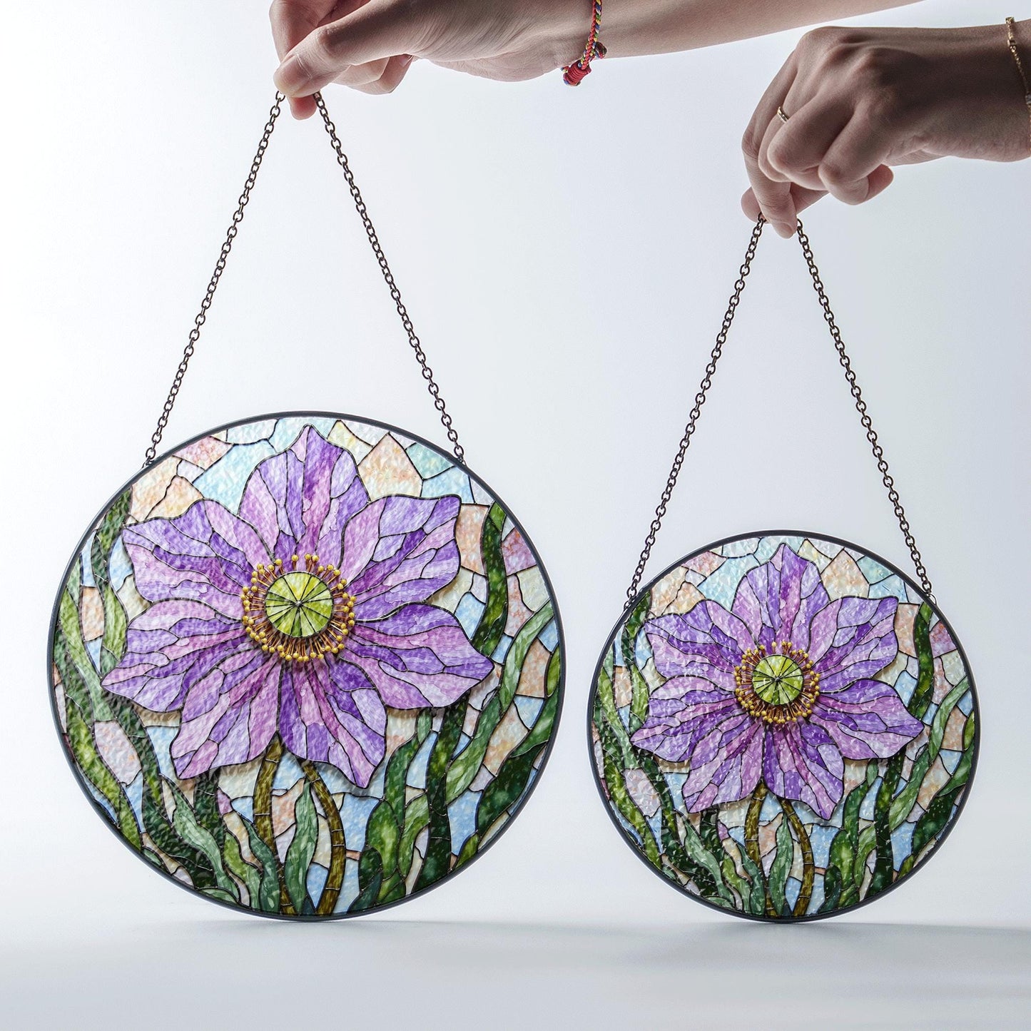 Purple floral glass panel round suncatcher for window light gift for garden lover mom friend