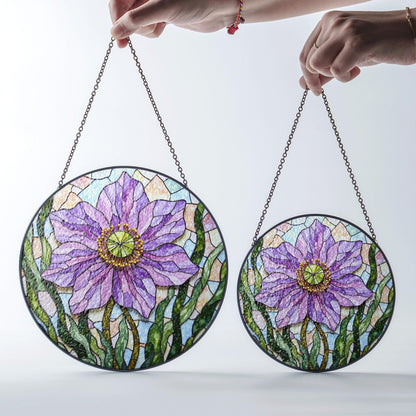 Purple floral glass panel round suncatcher for window light gift for garden lover mom friend