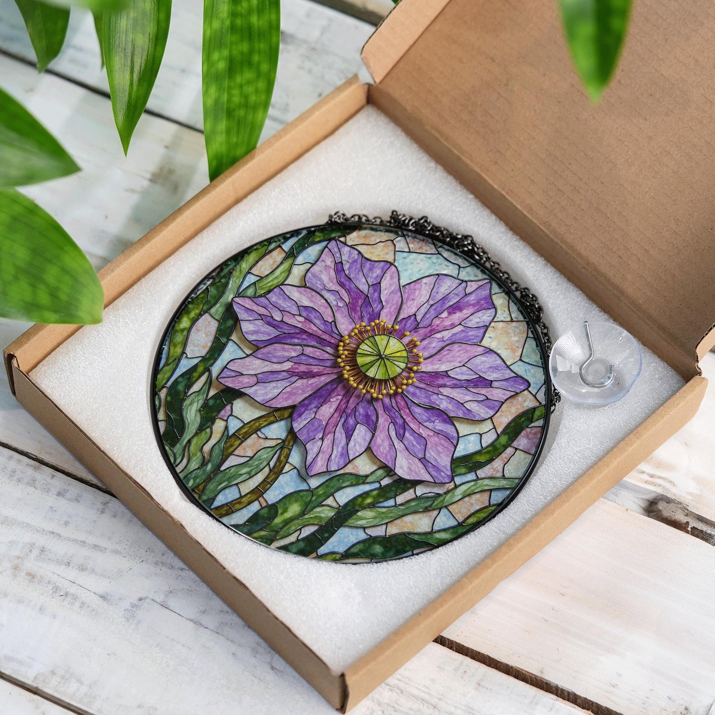 Purple floral glass panel round suncatcher for window light gift for garden lover mom friend