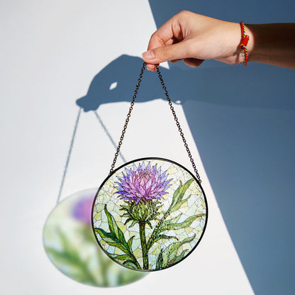 Purple thistle flower stained glass window hanging suncatcher gift for botanical art lovers