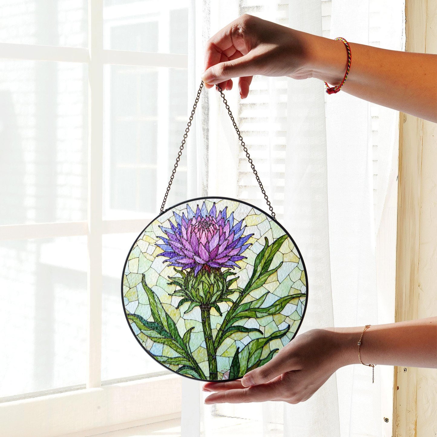 Purple thistle flower stained glass window hanging suncatcher gift for botanical art lovers