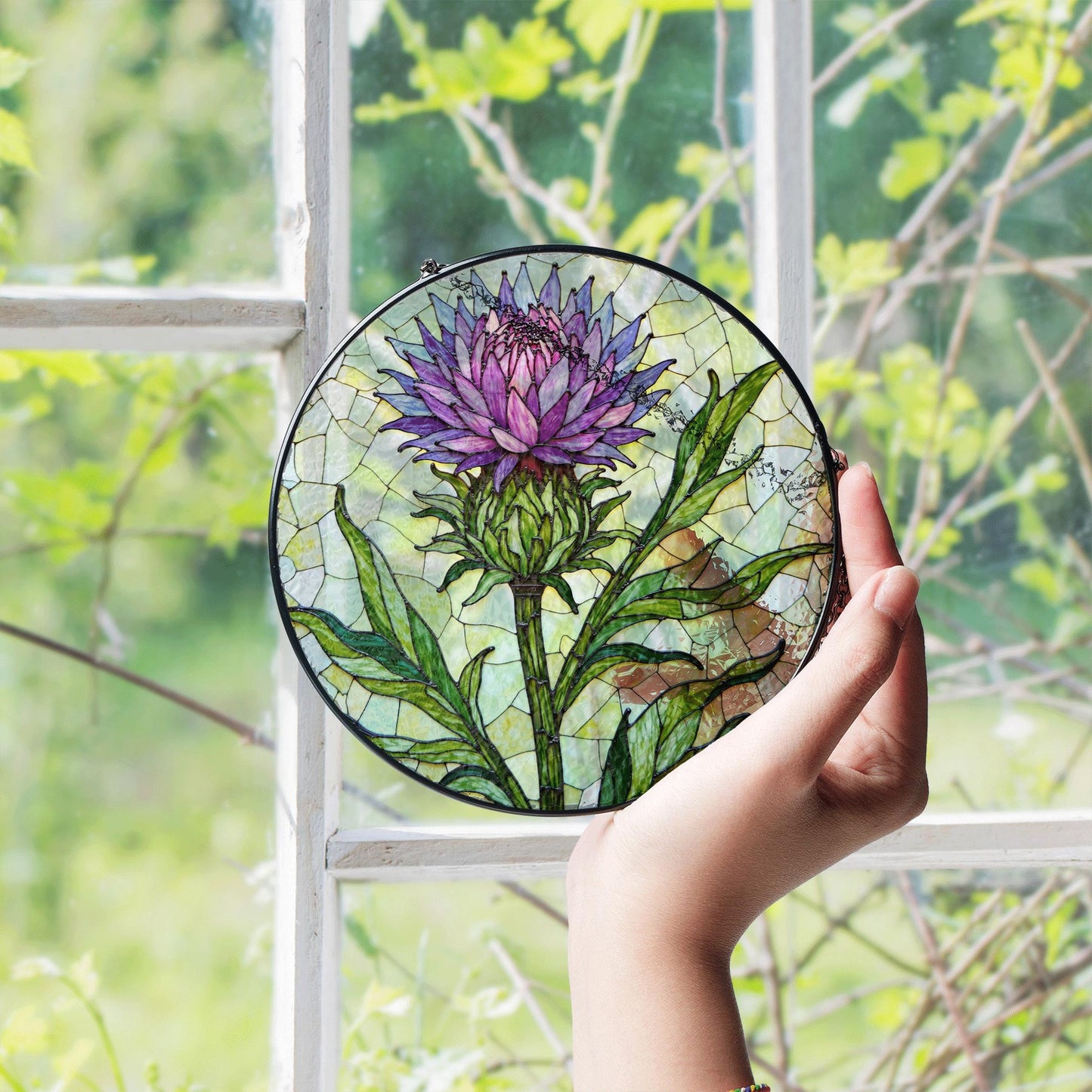 Purple thistle flower stained glass window hanging suncatcher gift for botanical art lovers