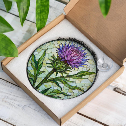 Purple thistle flower stained glass window hanging suncatcher gift for botanical art lovers