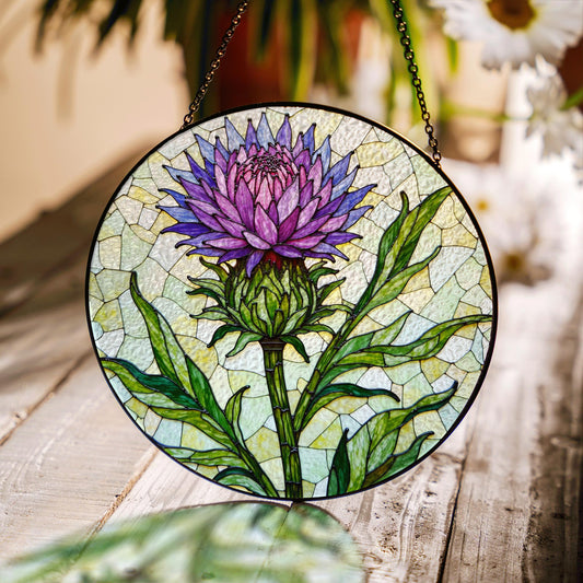 Purple thistle flower stained glass window hanging suncatcher gift for botanical art lovers
