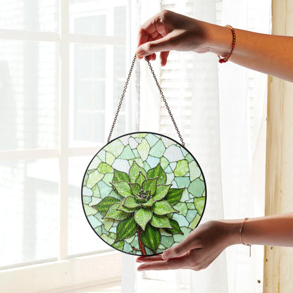 Green succulent art glass round suncatcher plant window decor gift for plant lover or garden mom