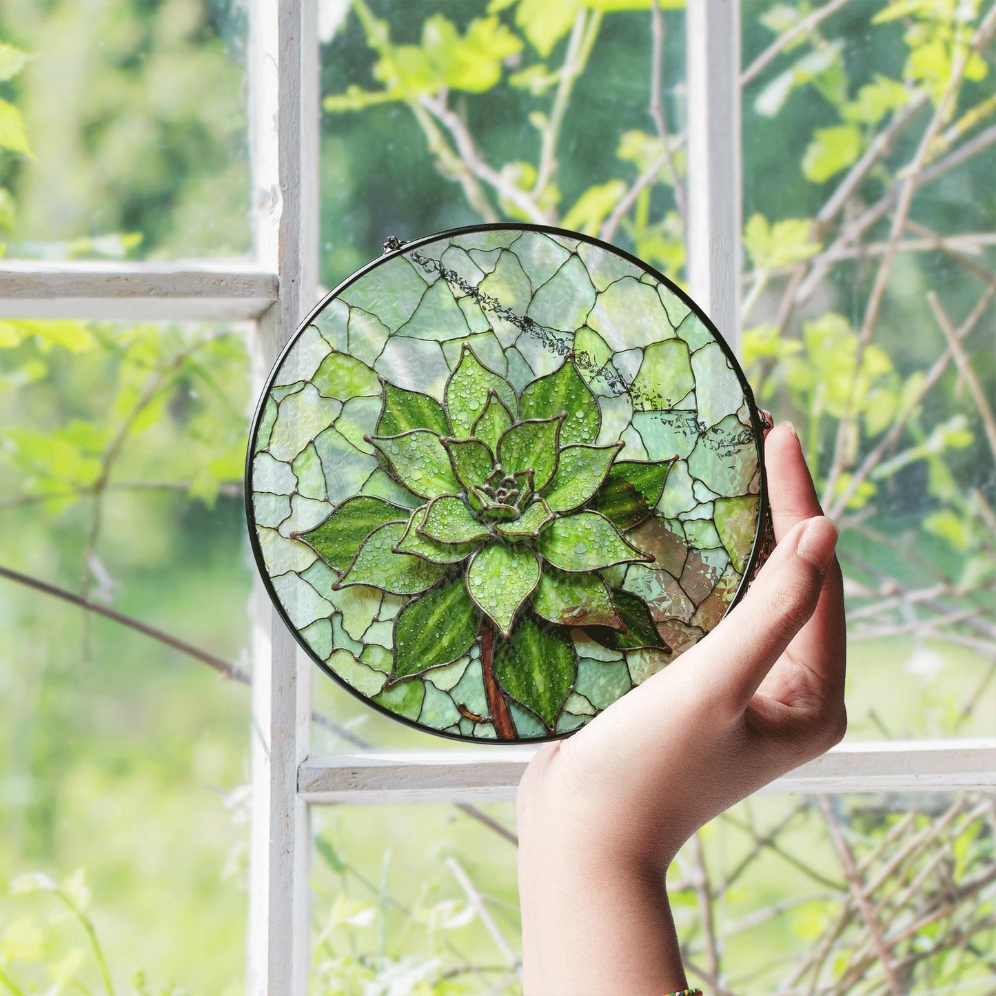 Green succulent art glass round suncatcher plant window decor gift for plant lover or garden mom