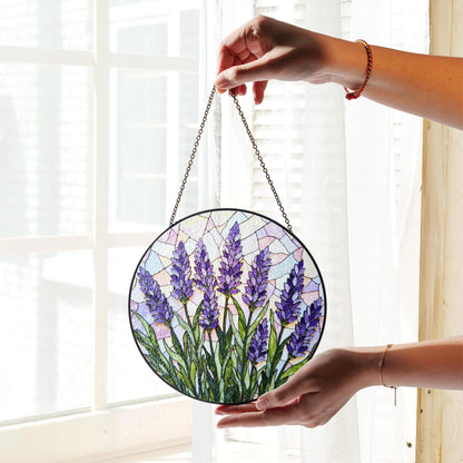 Lavender field bloom round stained glass suncatcher floral window decor gift for garden lover