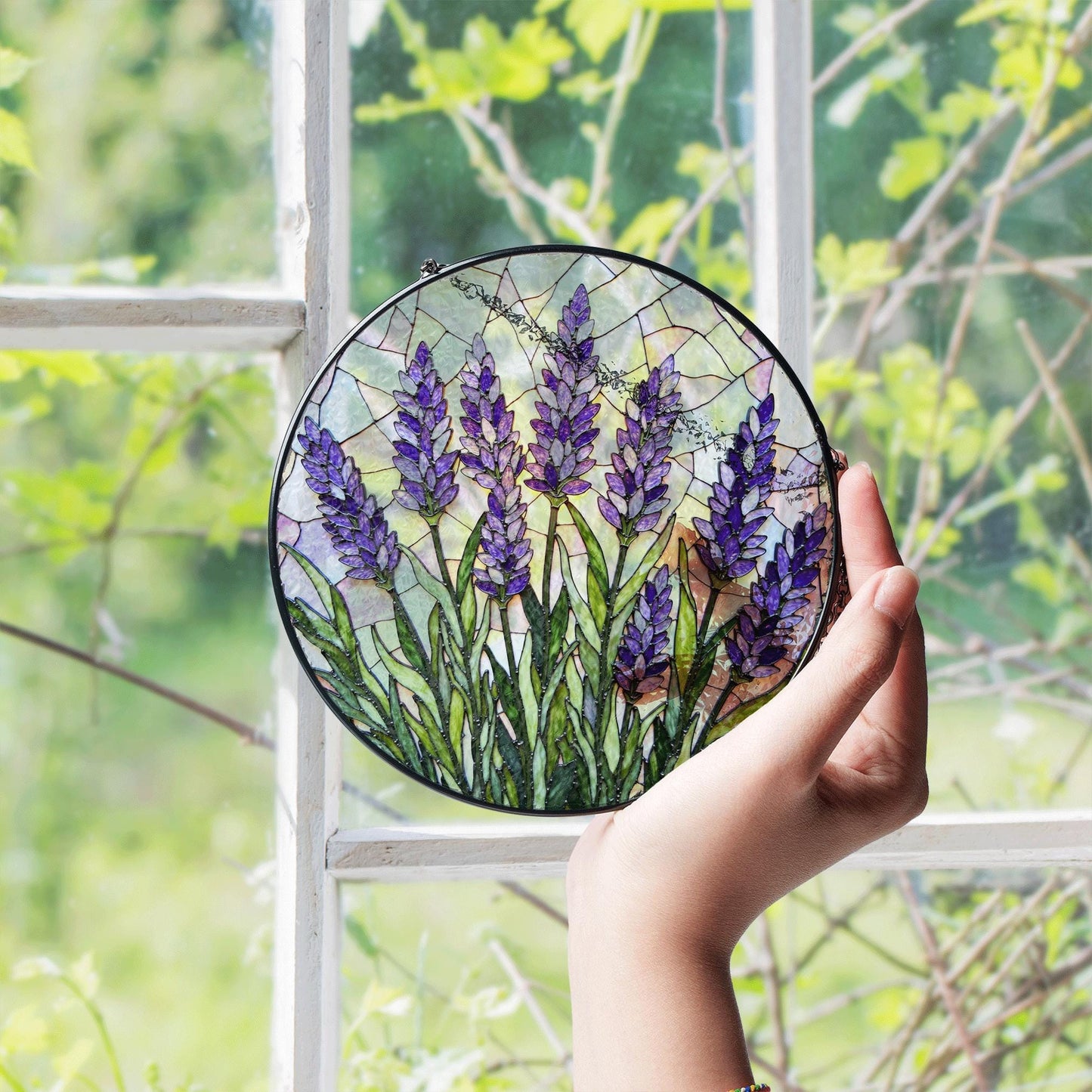 Lavender field bloom round stained glass suncatcher floral window decor gift for garden lover