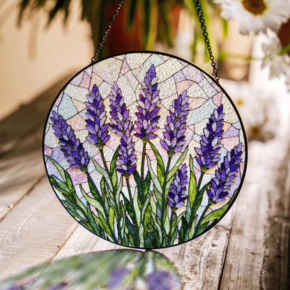 Lavender field bloom round stained glass suncatcher floral window decor gift for garden lover