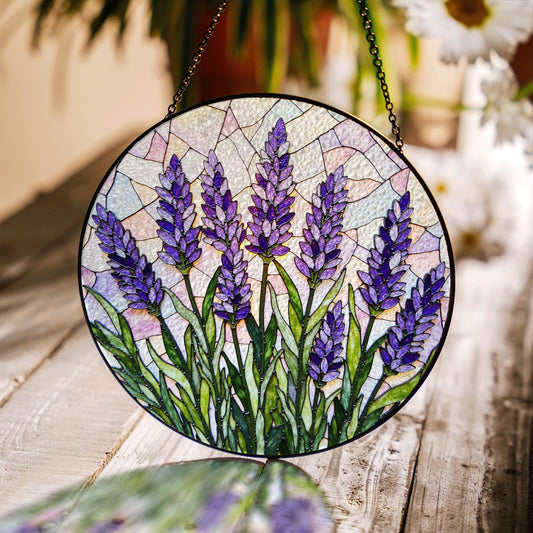 Lavender field bloom round stained glass suncatcher floral window decor gift for garden lover