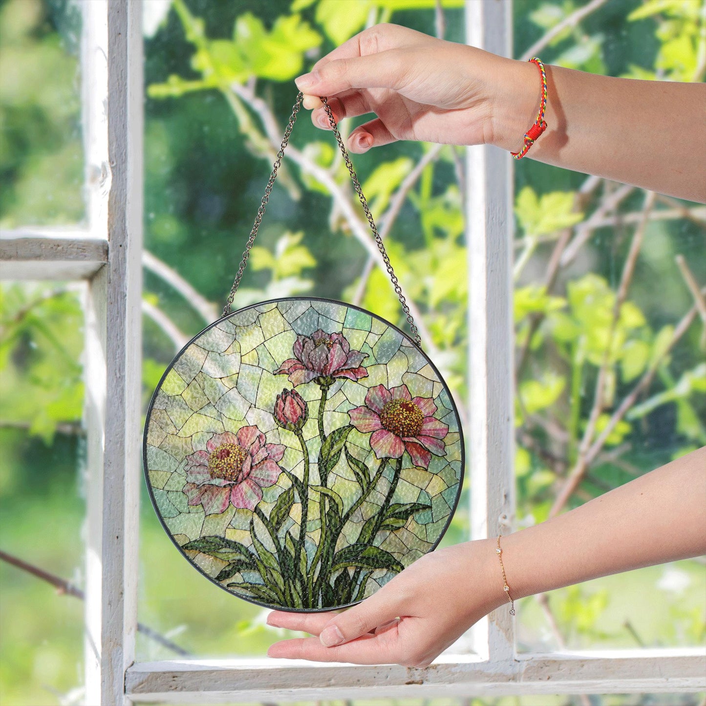 Pink floral stained glass round suncatcher window decor for mom gift