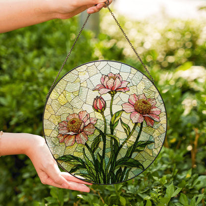 Pink floral stained glass round suncatcher window decor for mom gift