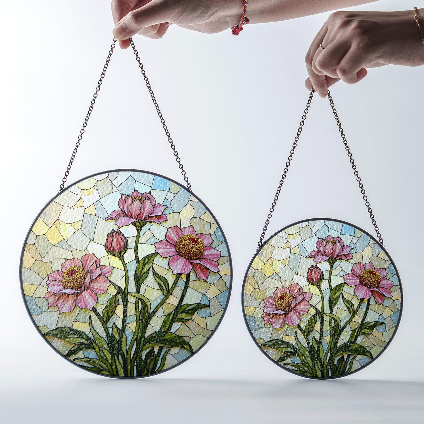 Pink floral stained glass round suncatcher window decor for mom gift