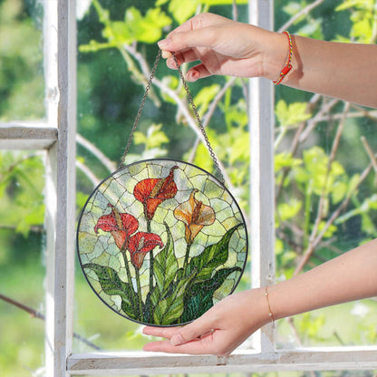 Calla Lily Bloom Round Stained Glass Suncatcher Sunlight Window Art Gift for Garden Lover
