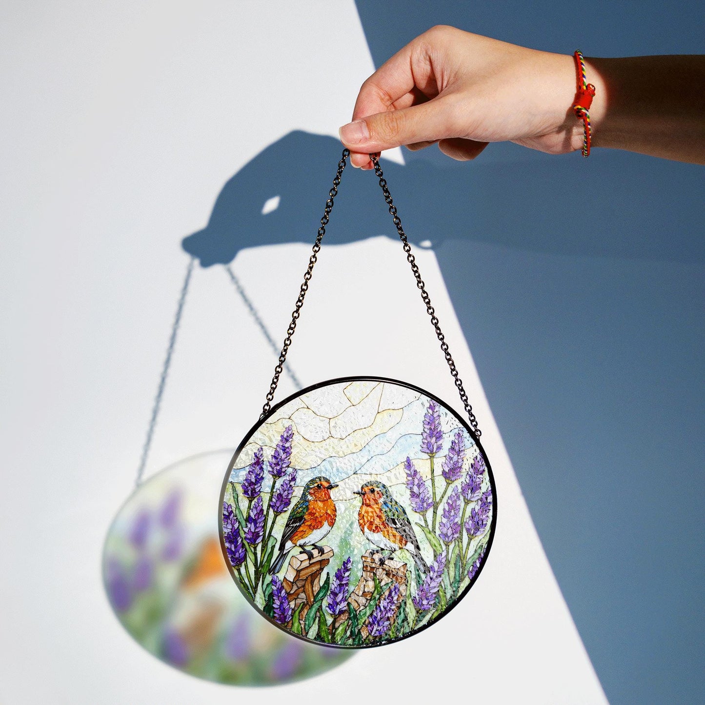 Two robins with lavender floral stained glass round suncatcher window hanging gift for mom