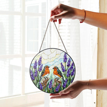 Two robins with lavender floral stained glass round suncatcher window hanging gift for mom