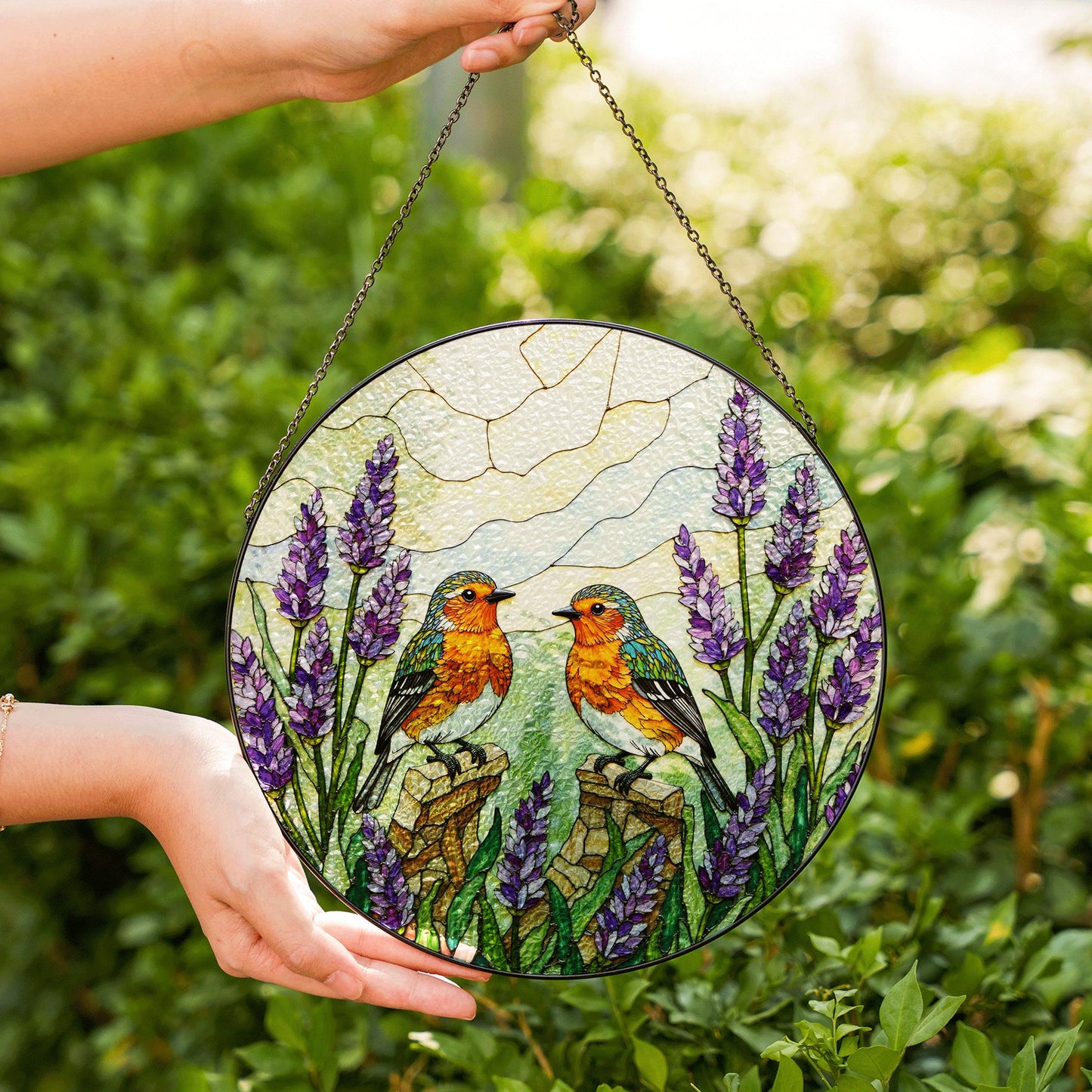 Two robins with lavender floral stained glass round suncatcher window hanging gift for mom