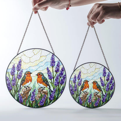 Two robins with lavender floral stained glass round suncatcher window hanging gift for mom