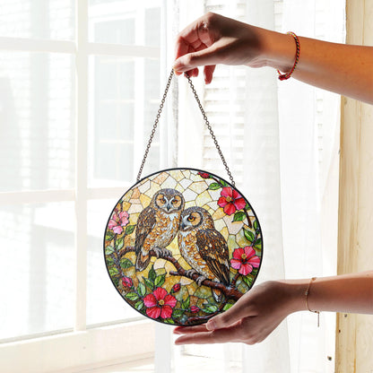 two owls on branch floral stained glass window hanging bird art gift for mom or grandma nature lovers