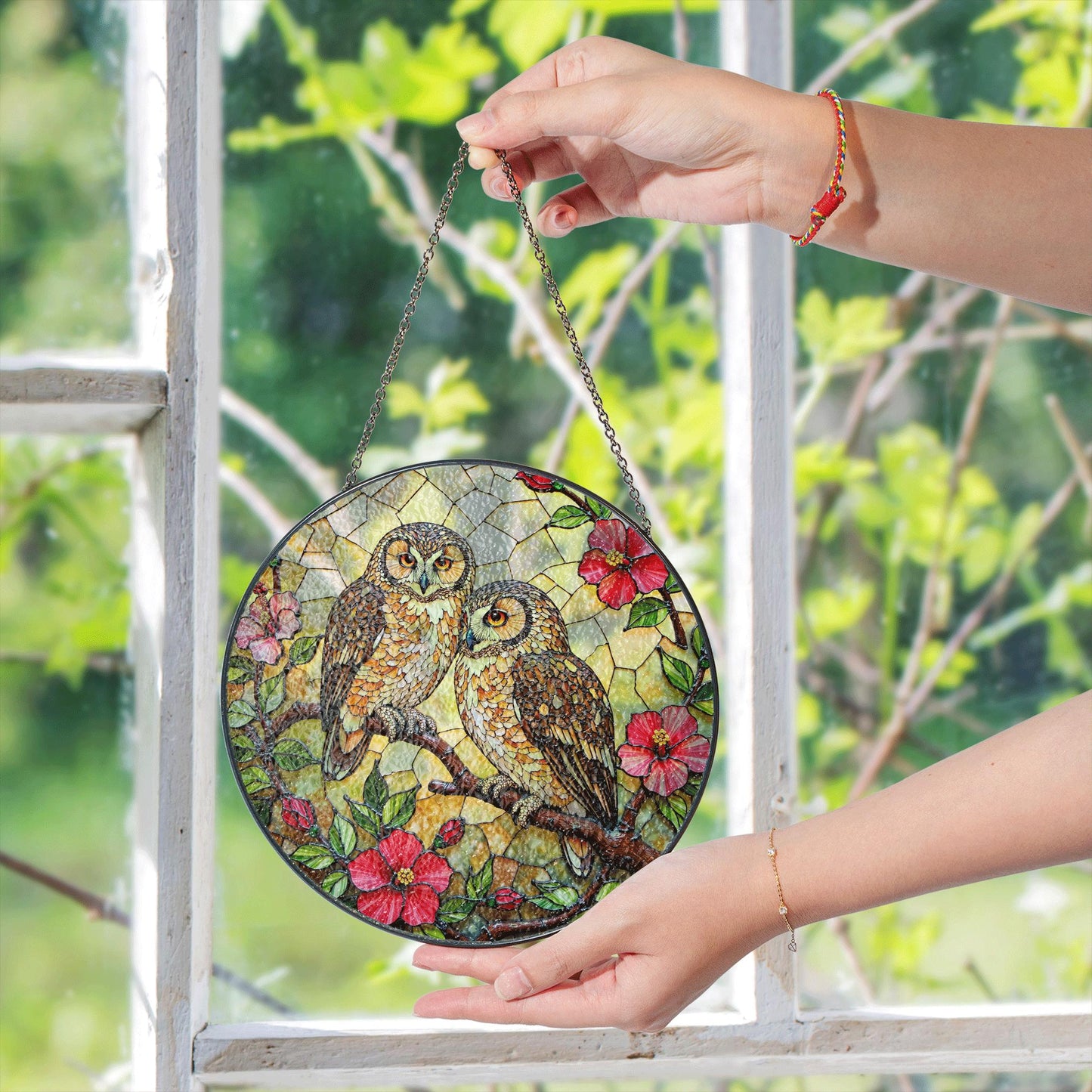 two owls on branch floral stained glass window hanging bird art gift for mom or grandma nature lovers