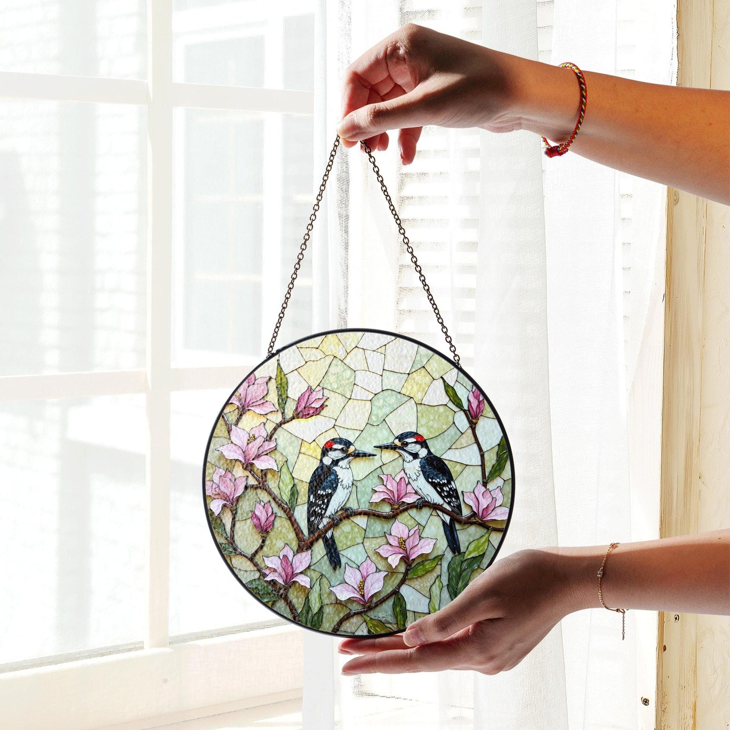 woodpeckers on magnolia branches stained glass style window suncatcher gift for mom