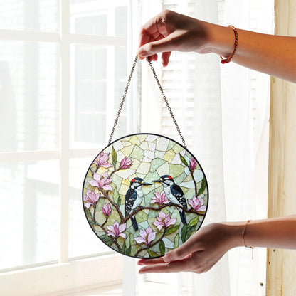 woodpeckers on magnolia branches stained glass style window suncatcher gift for mom