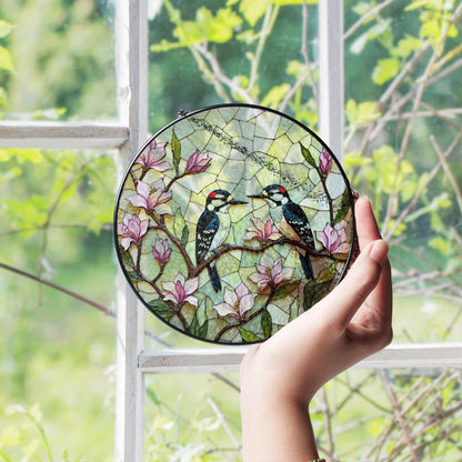 woodpeckers on magnolia branches stained glass style window suncatcher gift for mom