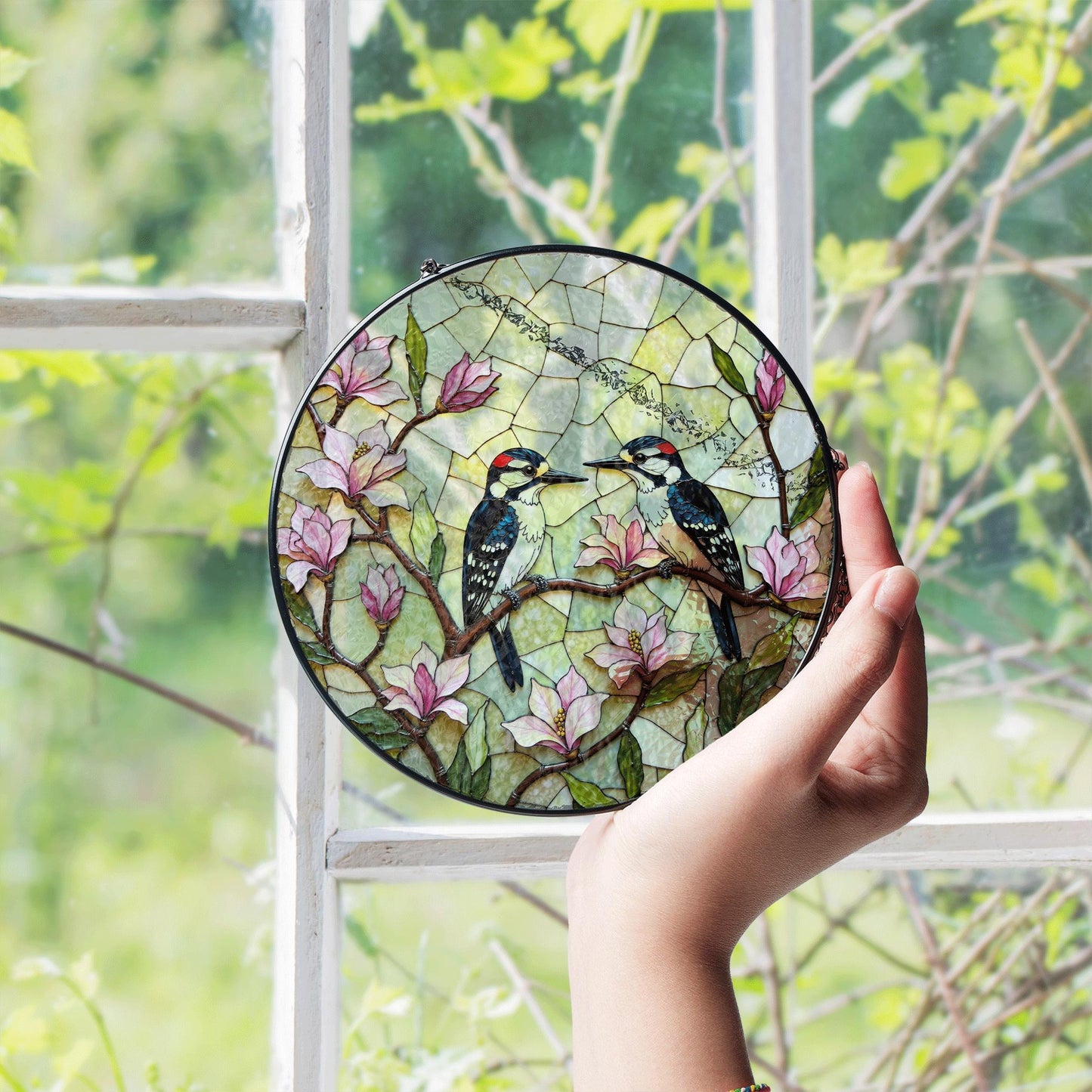 woodpeckers on magnolia branches stained glass style window suncatcher gift for mom