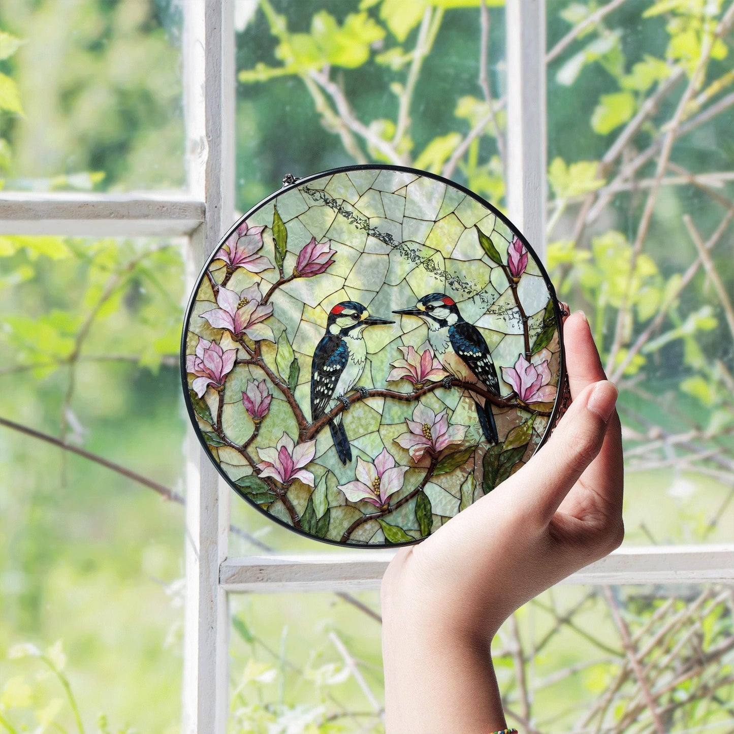 woodpeckers on magnolia branches stained glass style window suncatcher gift for mom