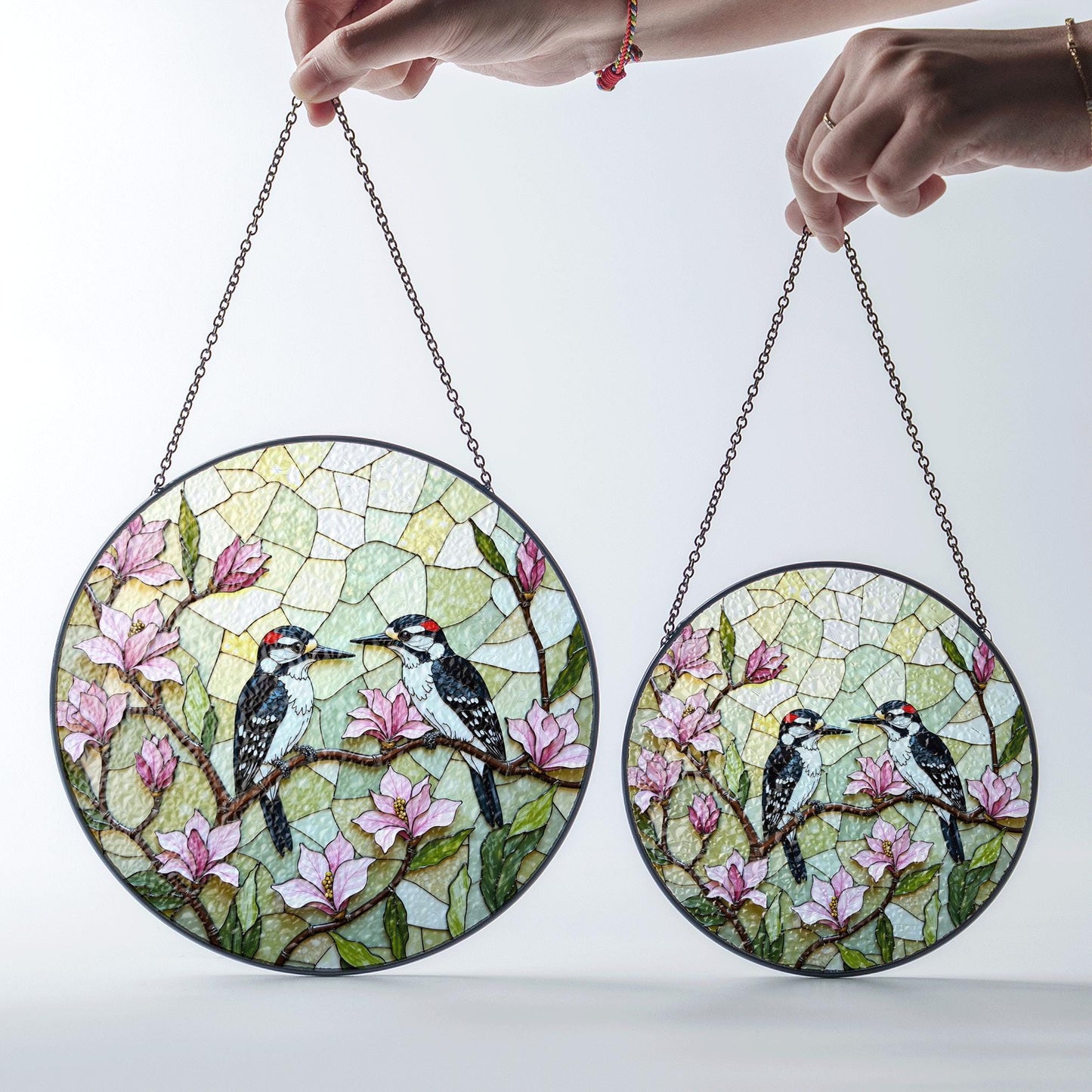 woodpeckers on magnolia branches stained glass style window suncatcher gift for mom