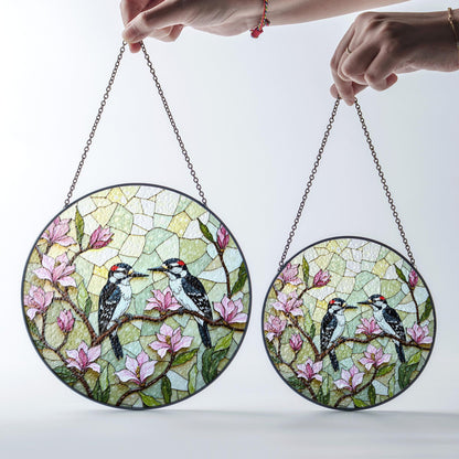 woodpeckers on magnolia branches stained glass style window suncatcher gift for mom