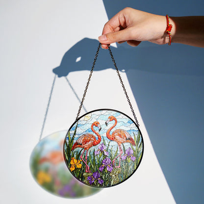 Flamingo Garden Scene Stained Glass Window Hanging Sun Catcher Gift for Bird Lovers