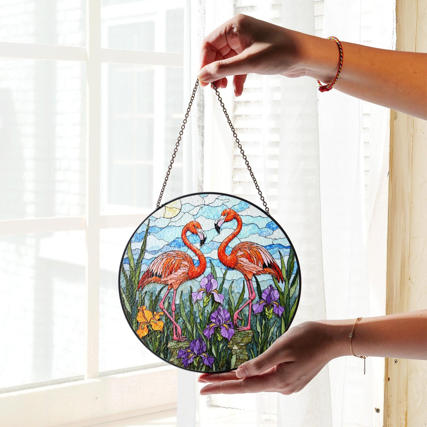 Flamingo Garden Scene Stained Glass Window Hanging Sun Catcher Gift for Bird Lovers