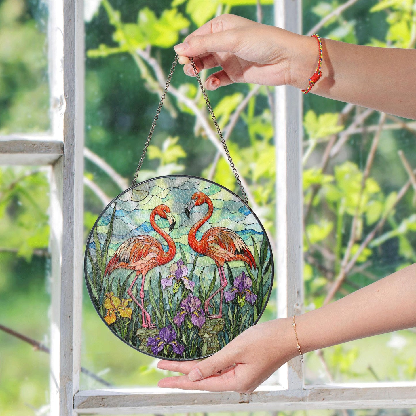 Flamingo Garden Scene Stained Glass Window Hanging Sun Catcher Gift for Bird Lovers