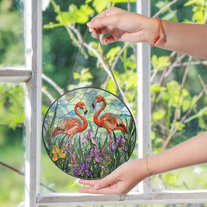 Flamingo Garden Scene Stained Glass Window Hanging Sun Catcher Gift for Bird Lovers