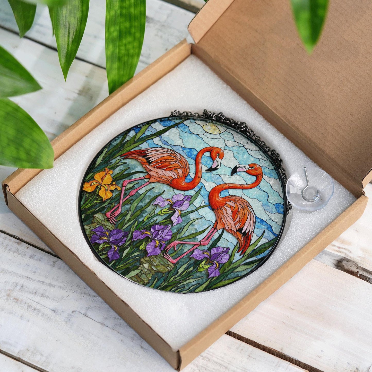 Flamingo Garden Scene Stained Glass Window Hanging Sun Catcher Gift for Bird Lovers