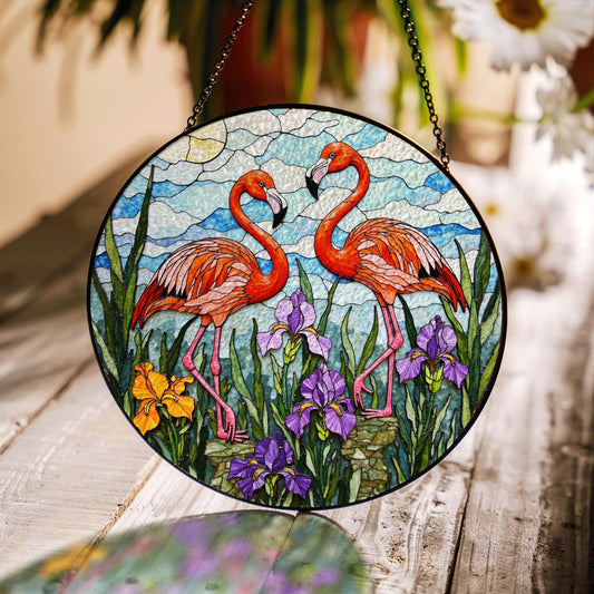 Flamingo Garden Scene Stained Glass Window Hanging Sun Catcher Gift for Bird Lovers