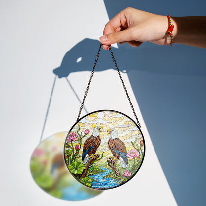 bald eagles in forest stained glass round suncatcher unique window decor gift for dad