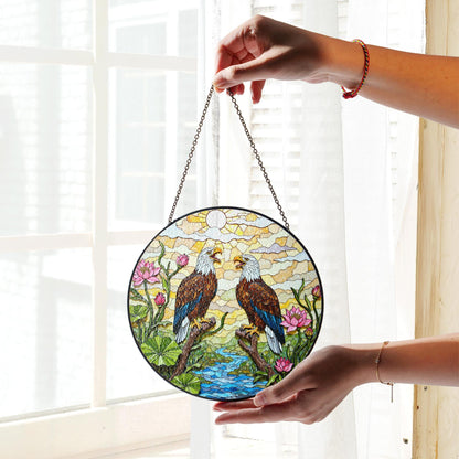 bald eagles in forest stained glass round suncatcher unique window decor gift for dad