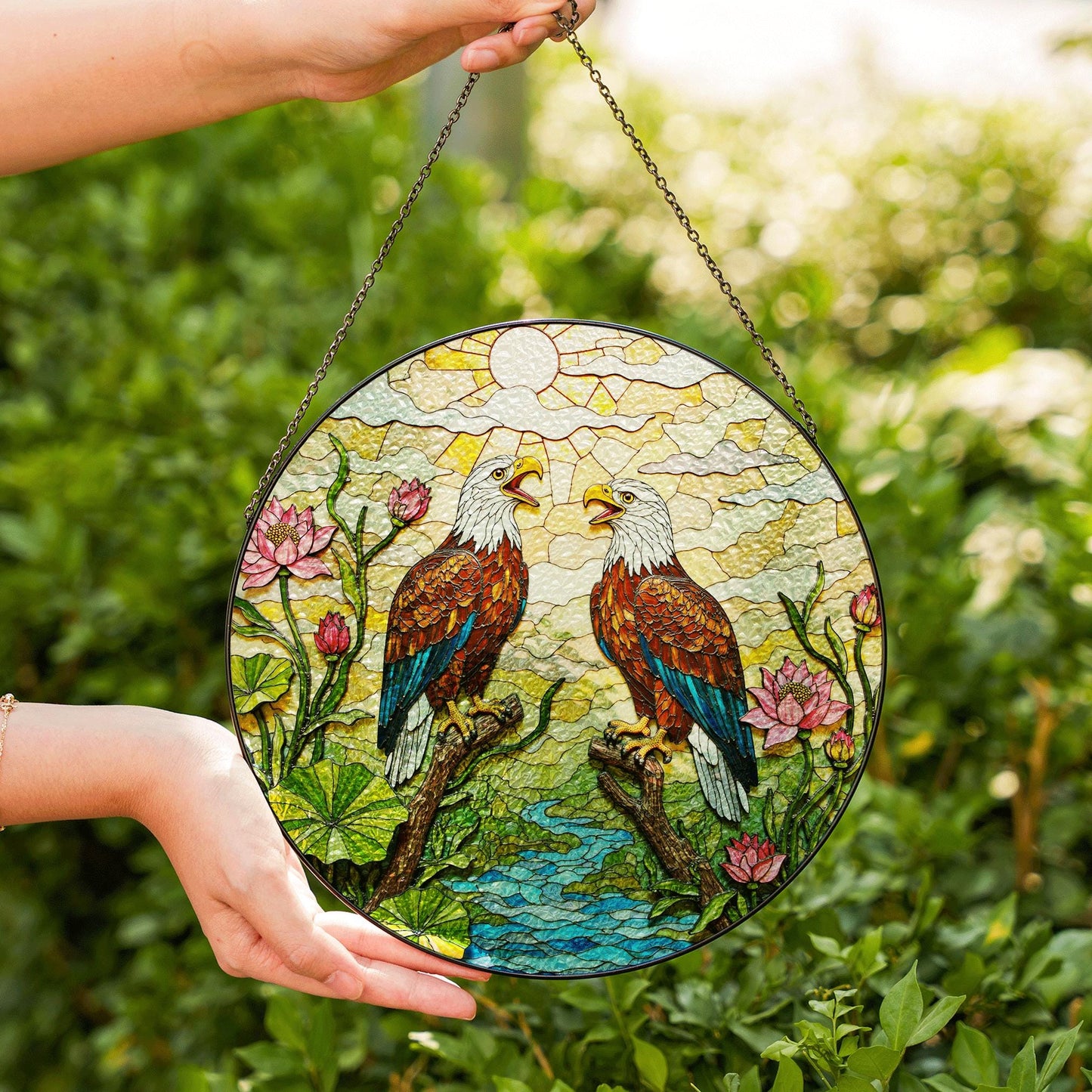 bald eagles in forest stained glass round suncatcher unique window decor gift for dad