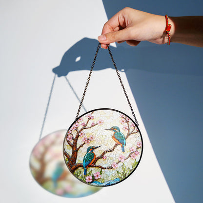 Kingfisher Birds on Cherry Blossom Branch Stained Glass Suncatcher Gift for Bird Lover