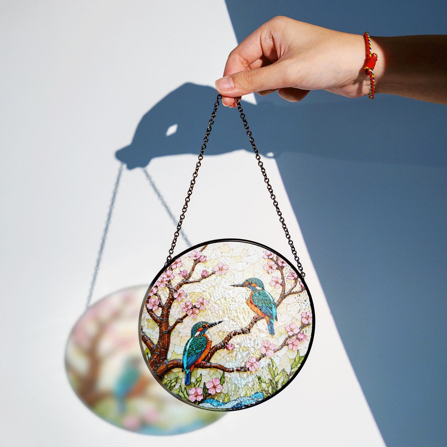 Kingfisher Birds on Cherry Blossom Branch Stained Glass Suncatcher Gift for Bird Lover