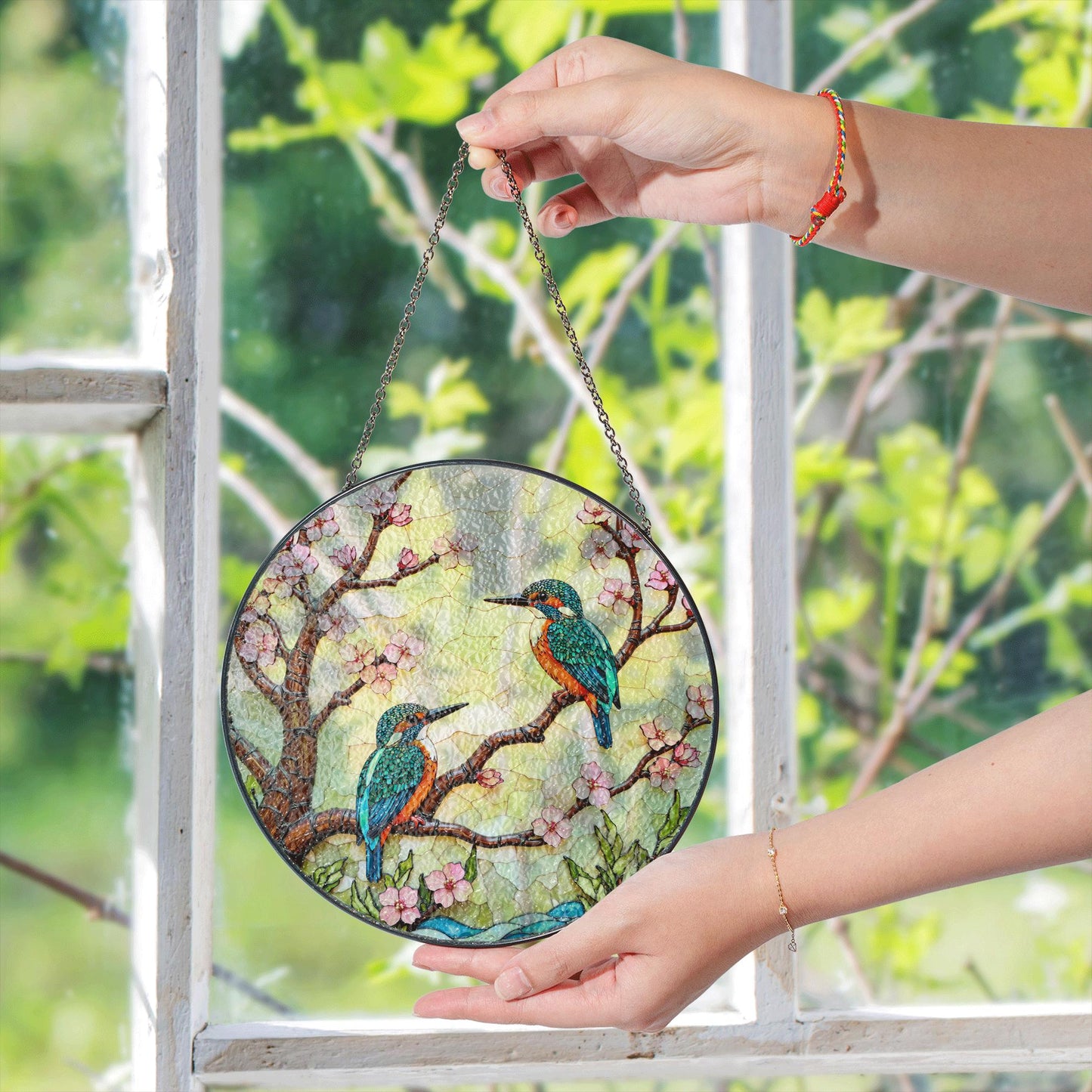 Kingfisher Birds on Cherry Blossom Branch Stained Glass Suncatcher Gift for Bird Lover