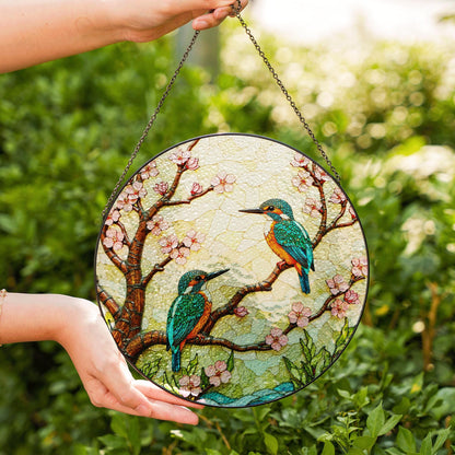 Kingfisher Birds on Cherry Blossom Branch Stained Glass Suncatcher Gift for Bird Lover