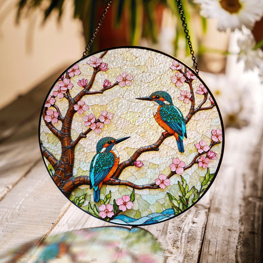 Kingfisher Birds on Cherry Blossom Branch Stained Glass Suncatcher Gift for Bird Lover