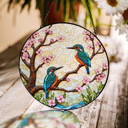 Kingfisher Birds on Cherry Blossom Branch Stained Glass Suncatcher Gift for Bird Lover